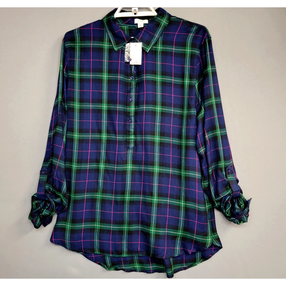 Crown & Ivory Soft Plaid‎ Top Womens XL Blue Green Buttons Roll Tab Sleeve Tunic